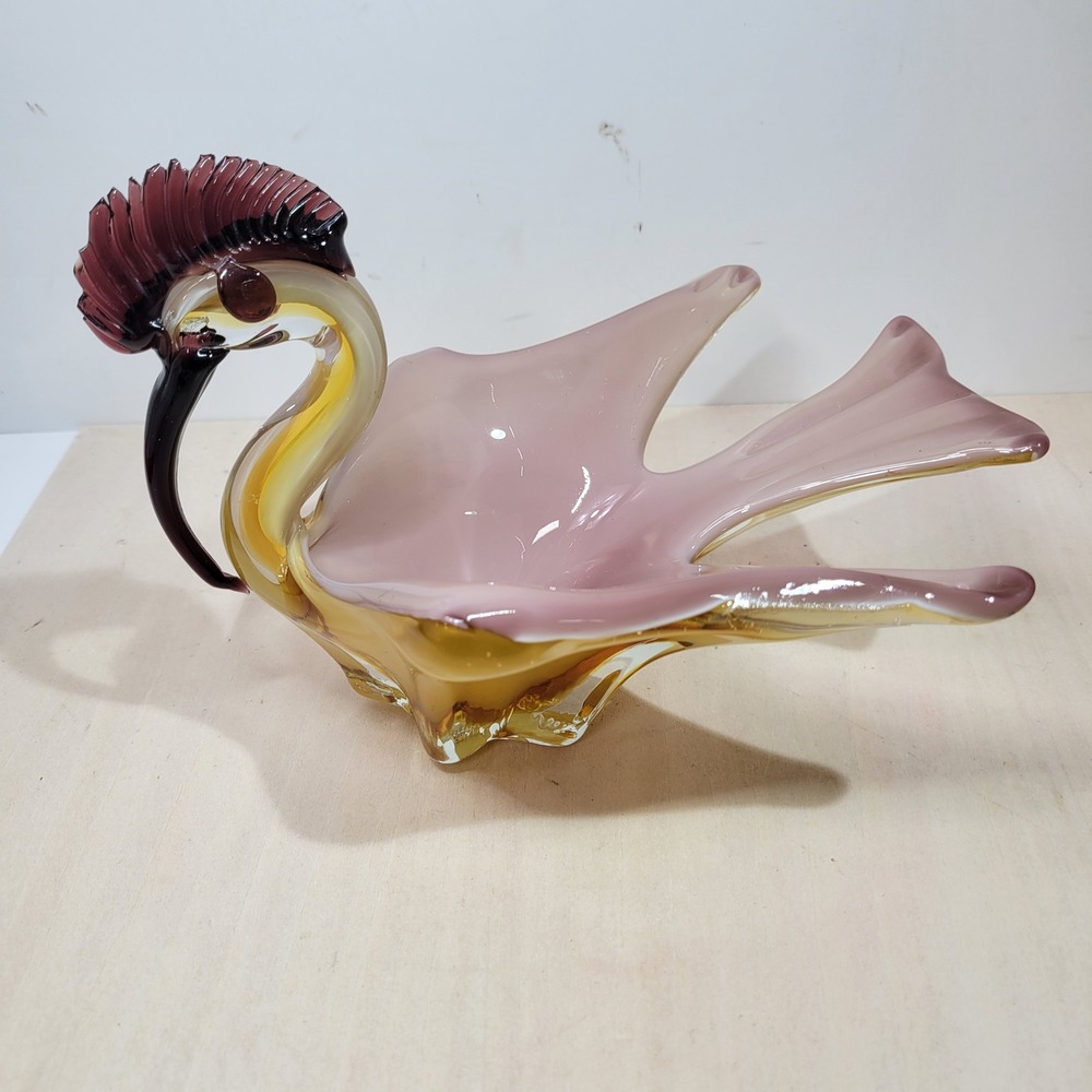 Vintage Glass‎ Swan Candy Dish Pink Amber Art Glass Bird Trinket Bowl